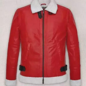 Handmade Men's Red Lambskin Leather Jacket Santa claus Chirstmas Style Leather Jacket pilot jacket, vintage flight jacket Christmas gift