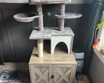 Cat Litter Box Enclosure with Tree Tower & Condo, Hidden Cat Cabinet, Wooden Pet House