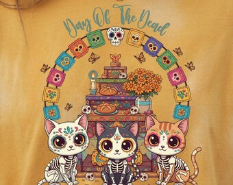 Camiseta unisex de manga corta con diseño de gato para el Día de Muertos, camiseta de Halloween, regalo único para amantes de los gatos, celebra el Día de los Muertos.