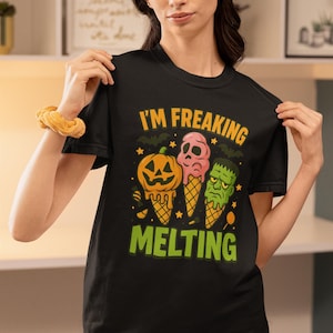 Halloween, I&#39;m Freaking Melting  Ice Cream Comfort Color Shirt Spooky Summer Horror Melting Monster Cones,Pumpkin, Skull & Frankenstein