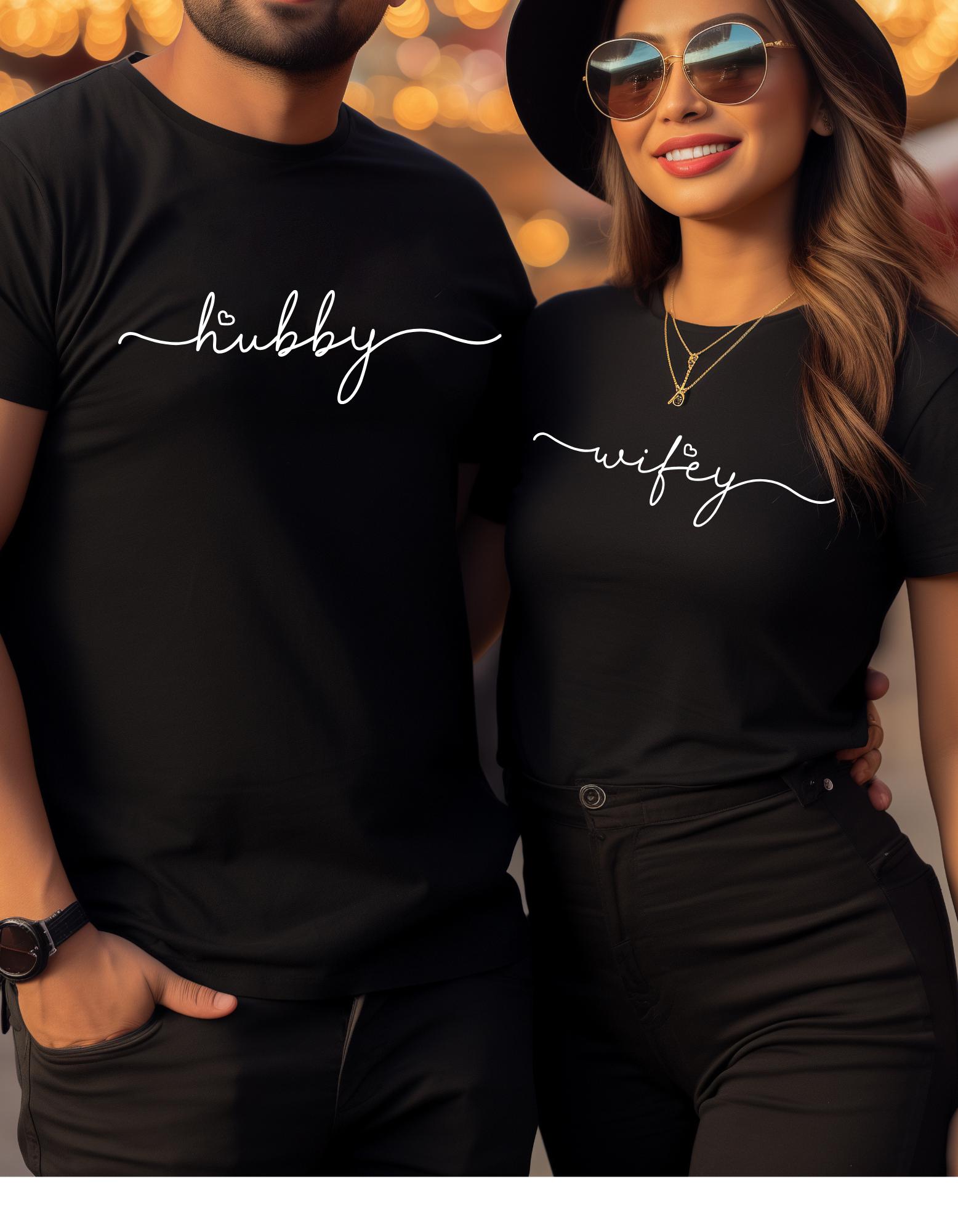 Hubby and Wifey Unisex Jersey Short Sleeve Tee for honeymooners, Perfect Gift for newlyweds, Anniversary Shirt, Wedding Gift. His and Hers