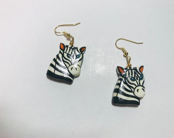 Vintage painted balsam wood zebra earrings