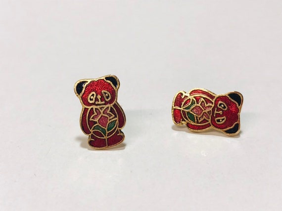 Vintage Cloisonne Red Panda Bear Earrings DEADSTO… - image 2