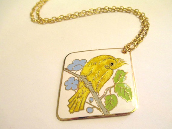 Vintage 70s Enamel Bird Canary Necklace DEADSTOCK - image 1