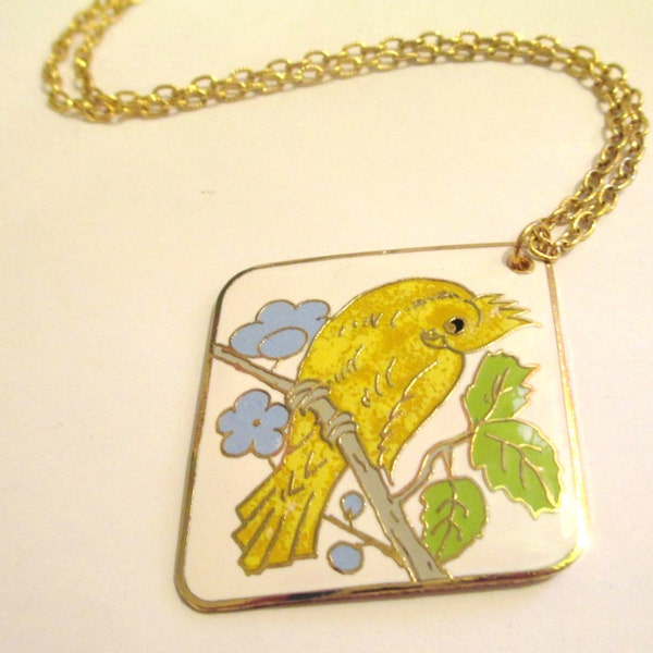 Vintage 70s Enamel Bird Canary Necklace DEADSTOCK