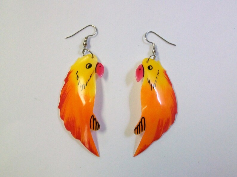 Vintage Yellow Bird Parrot Mother of Pearl Shell Earrings DEADSTOCK image 1