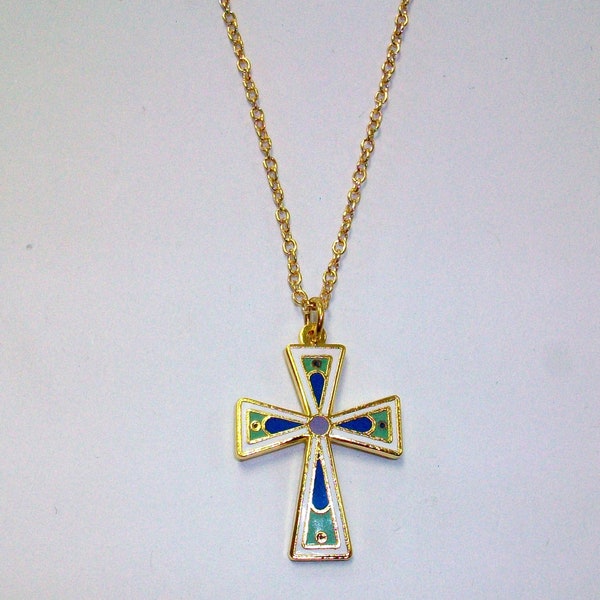 Vintage Cloisonne Cross Necklace DEADSTOCK