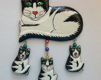 Vintage 80s Cat Kitten Pet Pin Brooch Black White Wood Cat Lady Silly Novelty DEADSTOCK