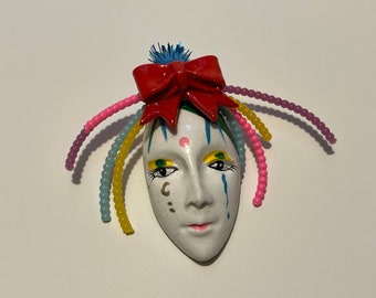 Clown Mime Mask pink brooch made with vintage parts UPCYCLE WEIRD and WONDERFUL Blue