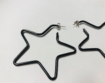 1980s large black wired star earrings