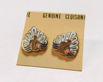 Vintage 1980s cloisonné peacock earrings