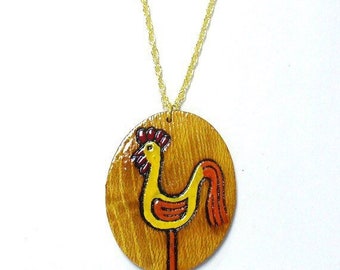 Vintage Painted Wood Rooster Necklace DEADSTOCK