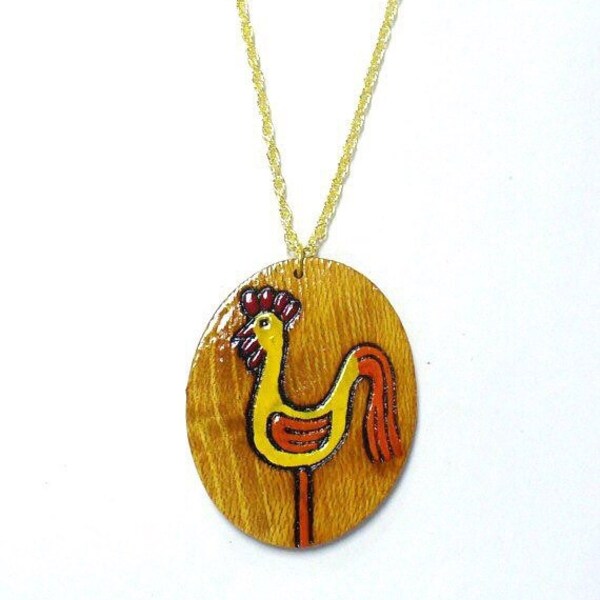 Vintage Painted Wood Rooster Necklace DEADSTOCK