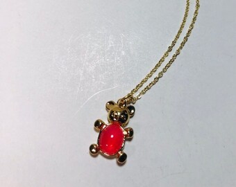 Vintage Pink Jelly Belly Teddy Bear Charm Signed Trifari necklace