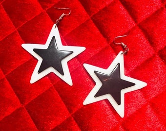 Giant black and white star earrings made from vintage pieces