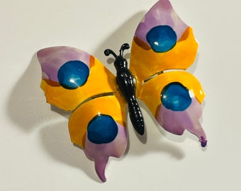 Vintage 1960s painted enamel metal butterfly brooch