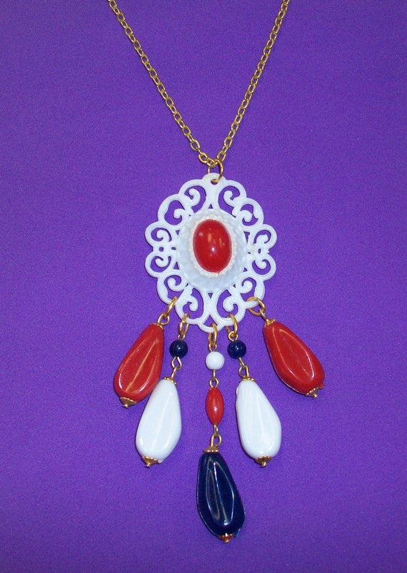 Vintage 60s Mod Red White and Blue Medallion Neckl