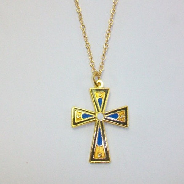 Vintage Gold-Tone Cloisonne Cross Necklace DEADSTOCK
