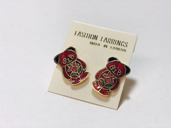 Vintage Cloisonne Red Panda Bear Earrings DEADSTO… - image 1