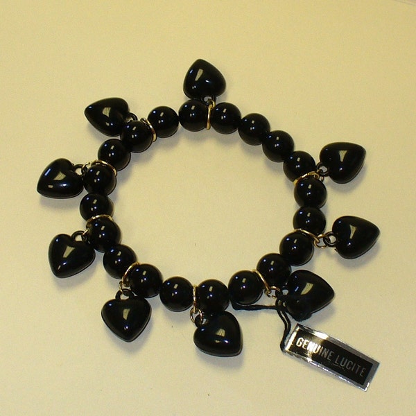 Vintage Lucite Heart Charm Stretch Bracelet DEADSTOCK