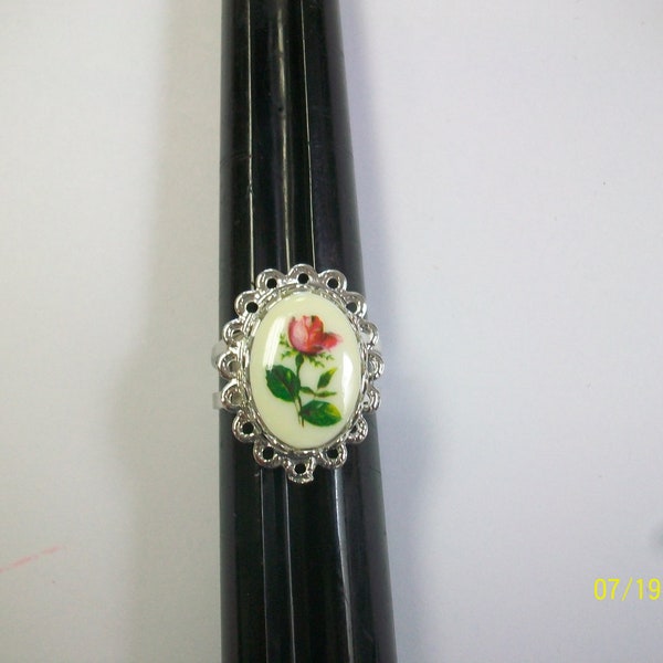 Vintage Pink Rose Flower Floral Delicate Filagree Boho Romantic Love Silver-Tone Ring DEADSTOCK