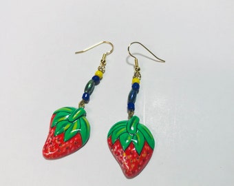 Vintage painted wood strawberry earrings