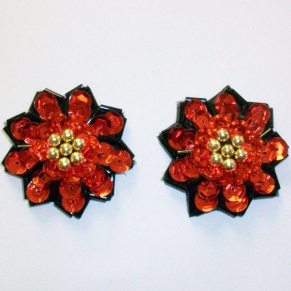 Vintage Red and Black Sequined Flower Earrings DEADSTOCK