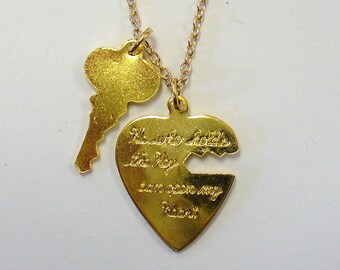 Gold-Tone Engraved Heart and Key Necklace Pendant