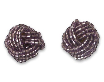 Vintage Glass Bead Knot Turban Small Button Post Earring PURPLE