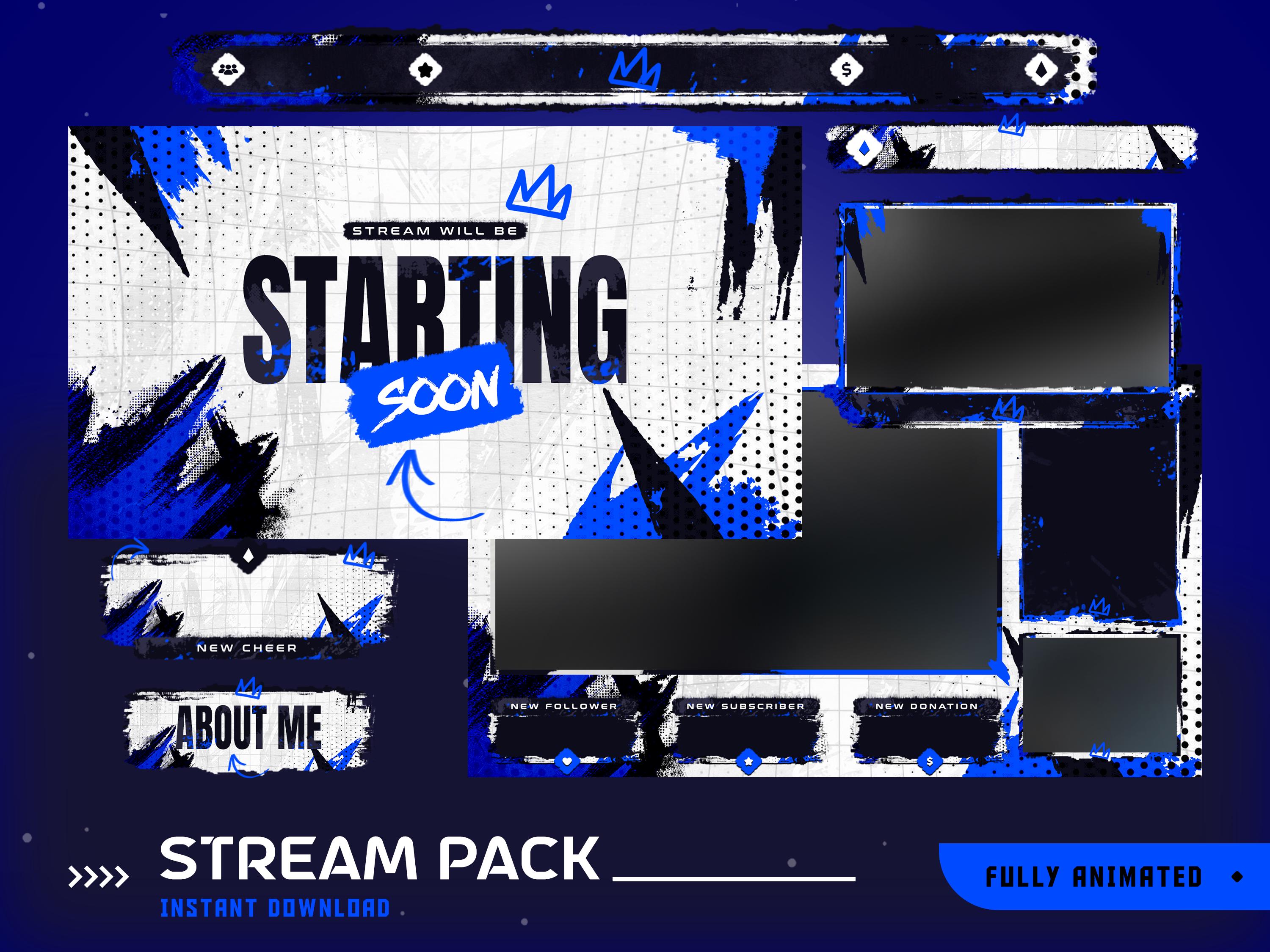 Hard Brush Animated Stream Overlay Package, Blue Black Art Stream Overlay, Grunge Overlay, Bold Splash Abstract Overlay, Webcam Label Gaming