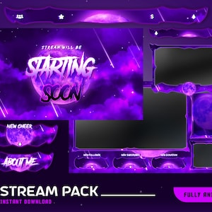 Big Moon Animated Stream Overlay Package, Purple Galaxy Overlay, Moon Cloud Theme Twitch Overlay, Cosmic Streaming, Mystic Vtuber Overlay