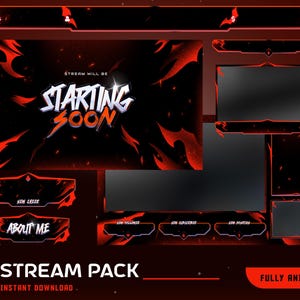 Pacote de sobreposição de fluxo animado Spark, Twitch animado Dark Vtuber, pacote de fluxo vermelho, sobreposição de fogo, tema Blaze, painel, alerta, transição