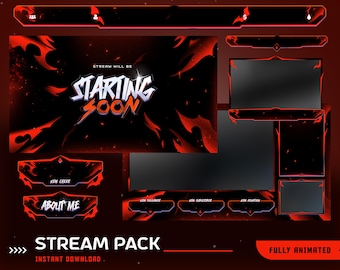 Spark Animated Stream Overlay Package, Animated Dark Vtuber Twitch, Red Streamer Package, Fire Overlay, Blaze Theme, Panel, Alert,Transition