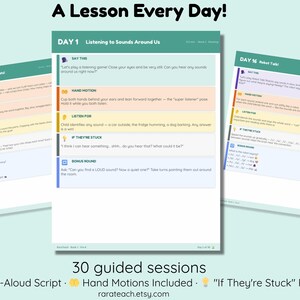 Peut inclure: Document éducatif imprimable avec trois pages de plans de cours, du texte et des sections colorées. Le texte supérieur indique « Une leçon chaque jour ! » et comprend le texte « 30 séances guidées » et « Script de lecture à haute voix ». Les plans de cours sont pour les enfants.