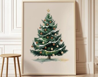 Vintage Christmas Tree Printable Wall Art | Watercolor Holiday Poster | Farmhouse Winter Decor | Christmas Gift | Instant Download