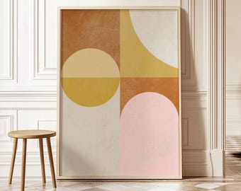 Muurdecoratie in mid-century modern stijl | Geometrische print met terracotta zonsondergang | Boho-decoratie