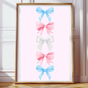 May include: Five watercolor bows in a vertical row. The top bow is light blue, the second is pink, the third is white, the fourth is pink, and the bottom bow is light blue.