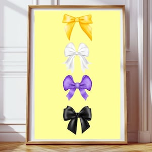 May include: Four different colored bows on a yellow background. The bows are yellow, white, purple, and black.