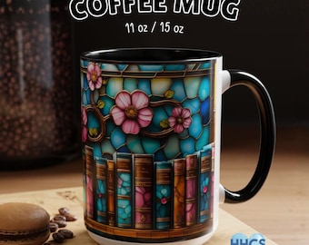 Caneca com Estante de Livros Floral em Vitral - Caneca Decorativa para Café