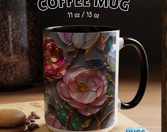 Floral Stained Glass Style Mug - Ceramic Printed Design 11 oz, 15 oz