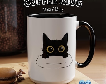 Taza de cerámica con diseño de gato negro: diseño divertido y asa de colores.