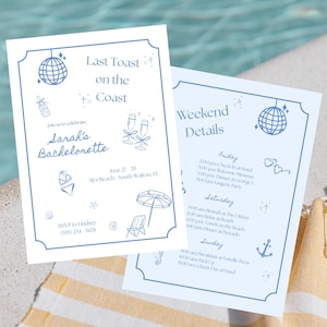 Last Toast on the Coast Bachelorette Invitation Coastal Bachelorette Weekend Itinerary Template Coastal Cowgirl Digital Itinerary