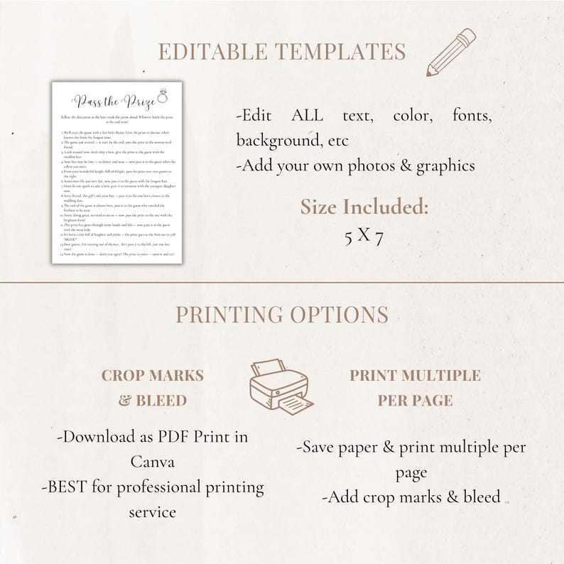 May include: A beige printable template with the text "Pass the Prize" and instructions. The image also includes the text "Editable Templates", "Size Included: 5 X 7", and printing options such as "Crop Marks & Bleed" and "Print Multiple Per Page".