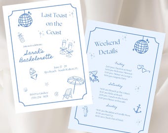 Last Toast on the Coast Vrijgezellenweekend Digitale reisroutesjabloon Coastal Bachelorette Coastal Cowgirl Bachelorette Invite