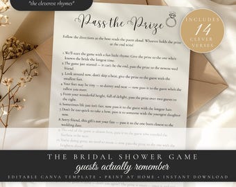 Pass the Prize Bridal Shower Game | 14 Clever Verses | Editable Canva Template | Instant Download