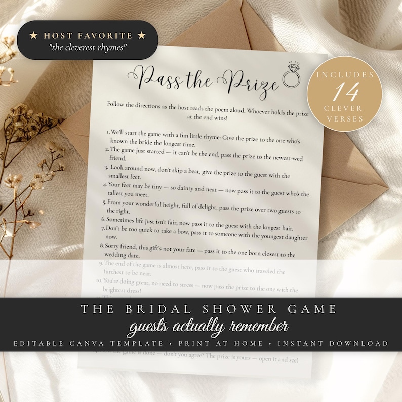 May include: A bridal shower game titled "Pass the Prize" with 14 clever verses. The game's instructions are printed on a cream-colored paper, with a ring graphic. The text includes "Host Favorite" and "The Bridal Shower Game guests actually remember".