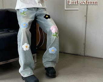 Vintage Floral Embroidered Jeans | Baggy Straight Denim | Y2K Streetwear Pants
