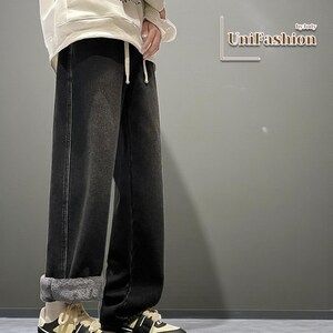 Wyobmus Mens Fleece Jeans Sherpa Lined Thick Pants Plus Size Baggy Straight Leg Denim Pants Blue