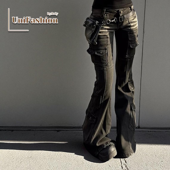 じゅ✨ grunge flare cargo pants coating Straight Cargo Pants | Multi Pocket Flared Jeans | Daily Wear