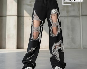 Ripped High Waist Jeans | Wide Leg Distressed Pants | Y2K Streetwear Loose Trousers
